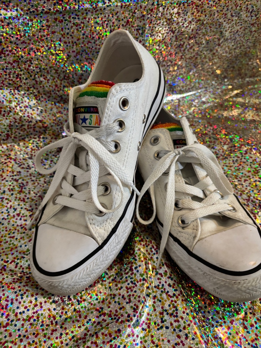 Converse White Low-Top Sneakers with Rainbow Tongue Detail